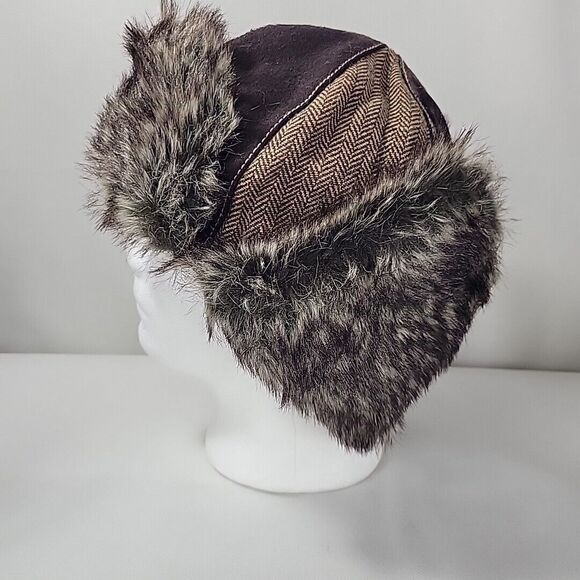 Earth Ragz Trapper Hat Brown Patchwork Faux Fur Ear Flaps Hunting Aviator Winter - Picture 9 of 12